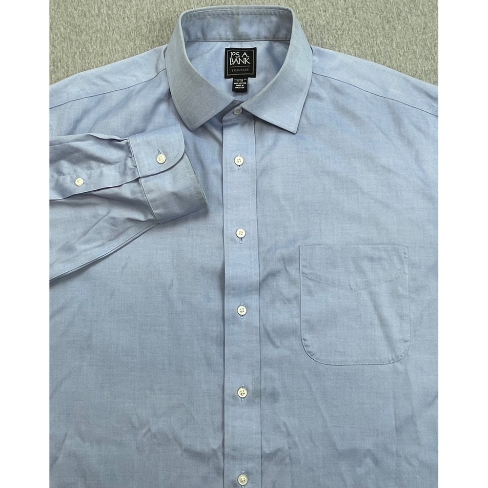 Jos A Bank Shirt Mens 17 - 34 Blue 100% Cotton Traveler Tailored Fit Button Up